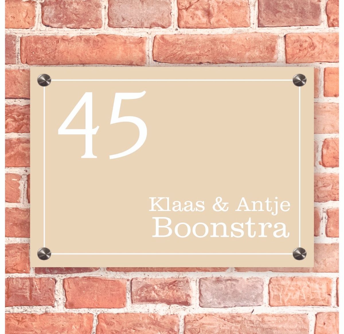 Naambordje voordeur rechthoek beige met wit kader - 20x14cm - Incl. RVS bevestigingsmateriaal