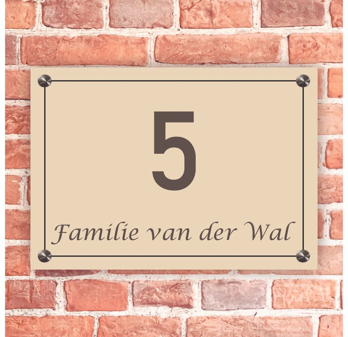 Naambordje voordeur rechthoek beige met zwart kader - 20x14cm - Incl. RVS bevestigingsmateriaal