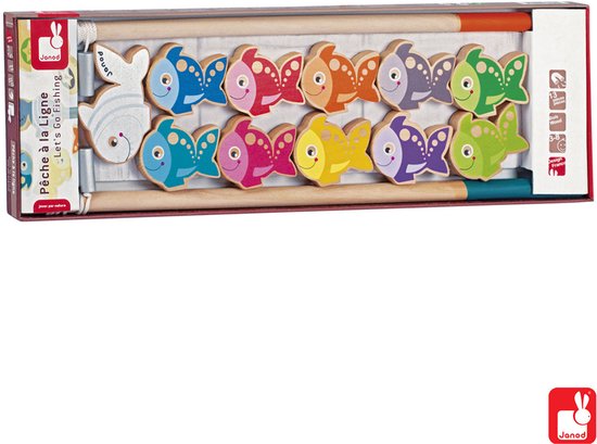 Een rode doos met het Janod visspel. Twaalf houten vissen in regenboogkleuren, twee houten hengels.