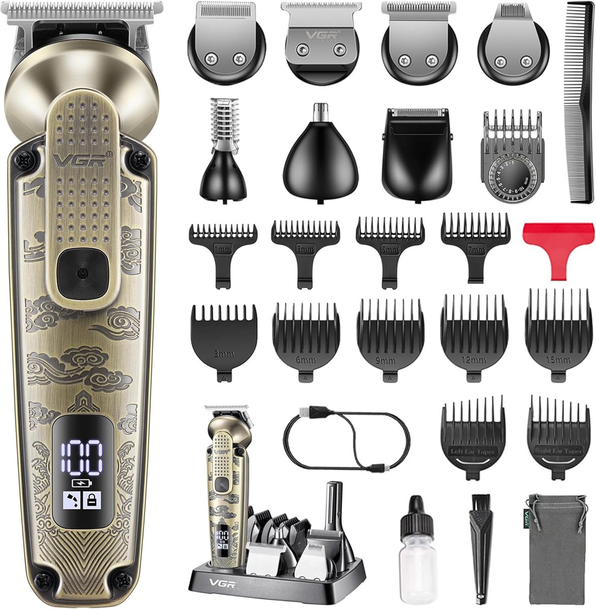 7-in-1 Baardtrimmer en Verzorgingsset voor Mannen - Draadloze T-Blade Tondeuse met Neus-, Oor- en Lichaamstrimmer