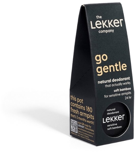 Bruine kartonnen verpakking voor "the Lekker company" natuurlijke en vegan deodorant voor gevoelige oksels.