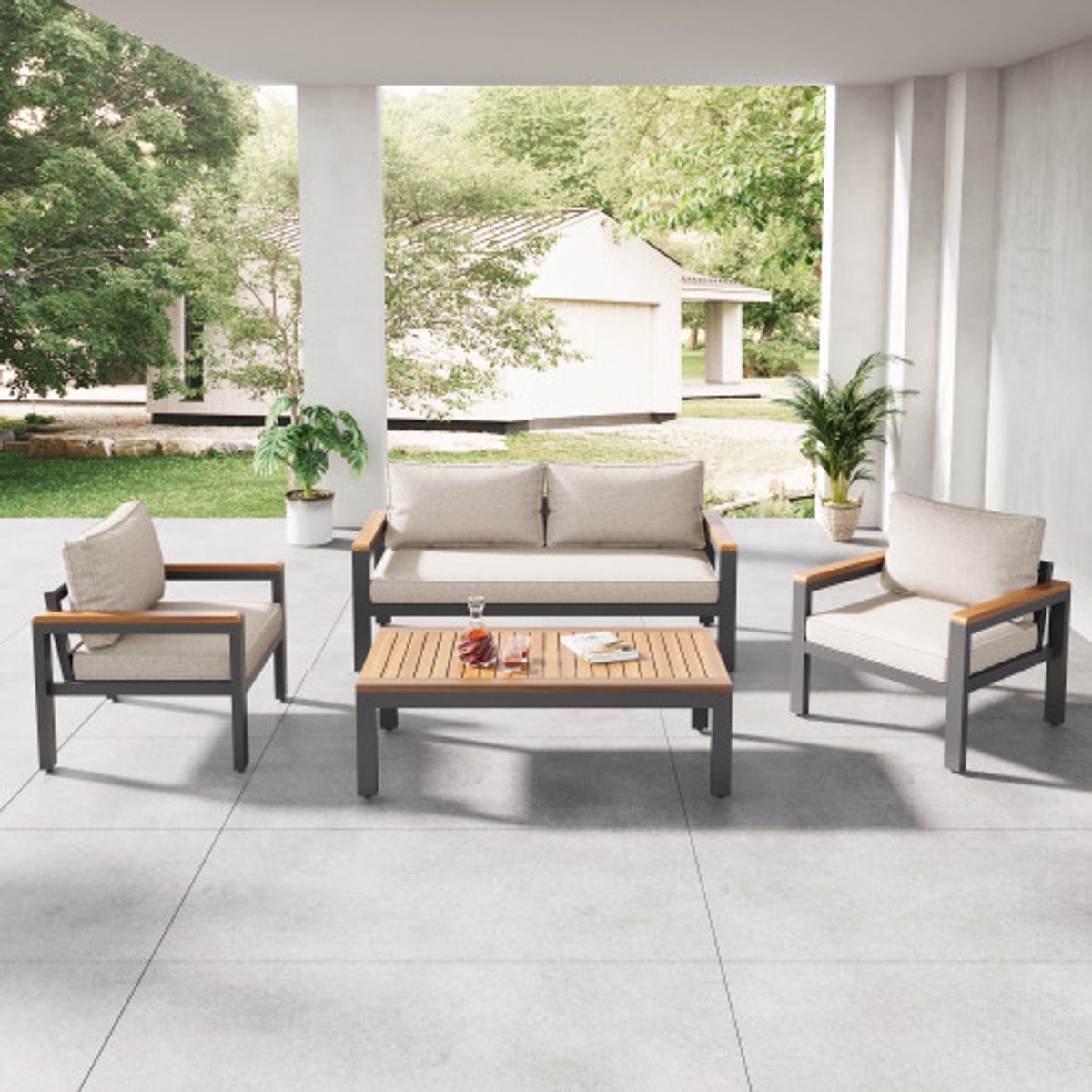 Loungeset, tuinmeubelset met gegalvaniseerd stalen frame, (brede set, 4-delige eethoek, 1x 2-zitsbank, 2x losse stoelen, 1x tafel), acaciahouten tafelblad en armleuningen, beige Loungeset, tuinmeubelset met gegalvaniseerd stalen frame, (brede set, 4-delige eethoek, 1x 2-zitsbank, 2x losse stoelen, 1x tafel), acaciahouten tafelblad en armleuningen, beige - Afbeelding 1
