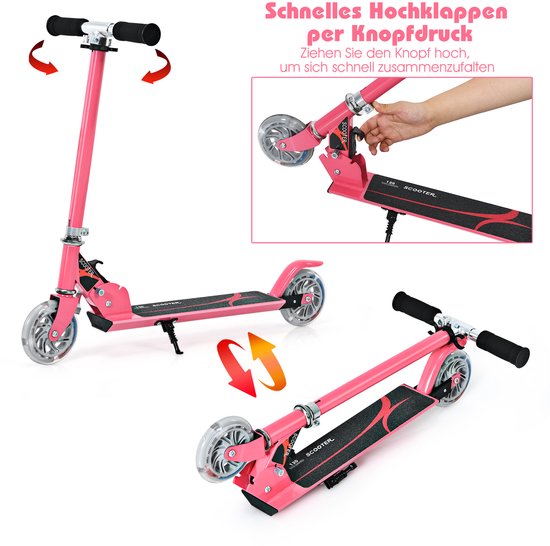Trottinette rose qui se plie rapidement par simple pression d'un bouton.