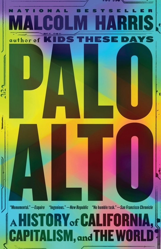 Livre "Palo Alto" par Malcolm Harris. Le titre est en gros caractères, avec un fond psychédélique arc-en-ciel.