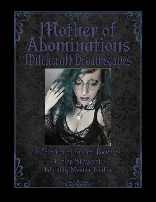 Boekomslag 'Mother of Abominations' met een gothisch vormgegeven vrouw met blauw haar en kant in een sierlijk kader.