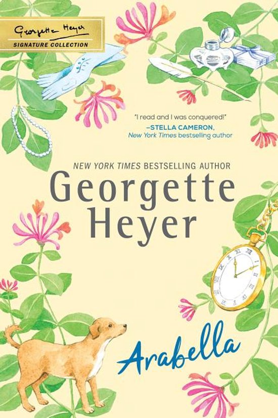 Boek "Arabella" van Georgette Heyer, met een hondje, bloemen en een zakhorloge op een gele achtergrond.