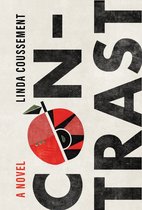 Boek "Contrast" van Linda Coussement, met een appelafbeelding en zwarte tekst.