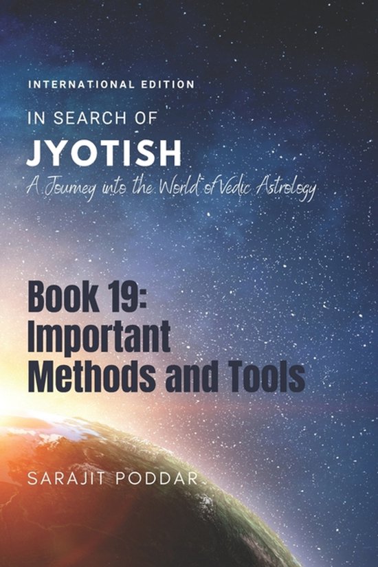 Boekomslag: "In Search of Jyotish", sterrenhemel boven een aarde met zonsopgang, tekst in het wit en zwart.