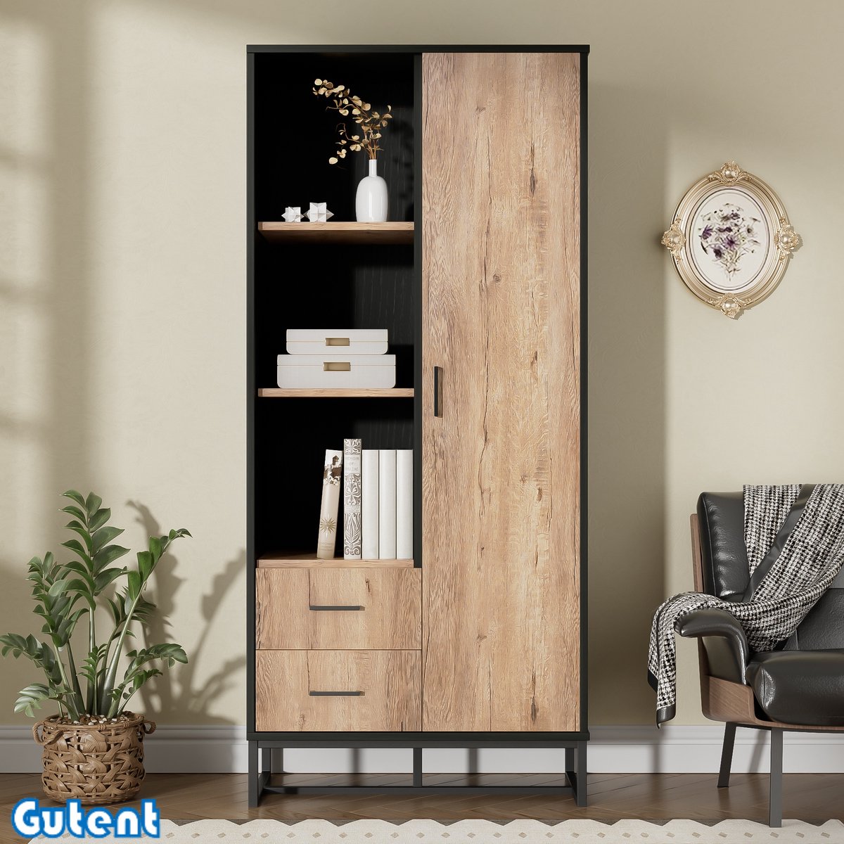 Gutent Vitrinekast - Moderne hoge kast - 80x40x180 cm - Houten buitenkant - Zwart frame - Met deur - 2 laden