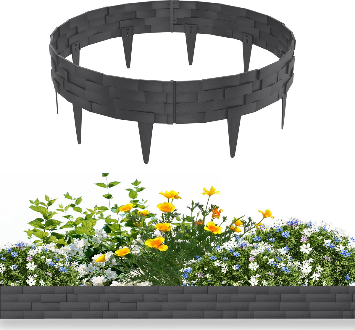 10m Kunststof Grasrand (Steenlook) - Beeteinfassing, Tuinborder, Maaibord - Anthraciet