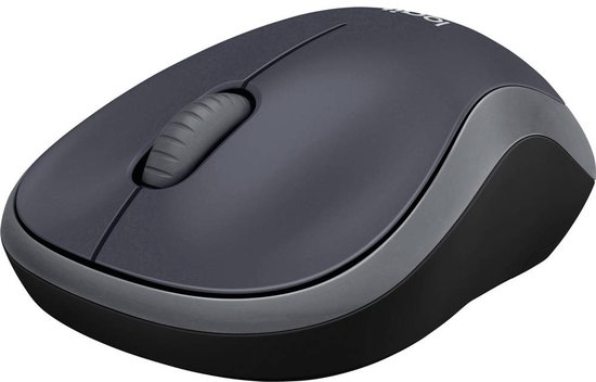 Logitech M185 muis, antracietgrijs met grijze rand, schuin van voren gezien.