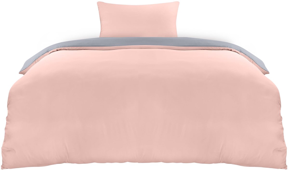 Unyqoos Zacht en Onderhoudsvriendelijk Microvezel Beddengoedset met Ritssluiting - 135x200 cm + Kussensloop 50x75 cm in Grijs/Roze grijs / roze