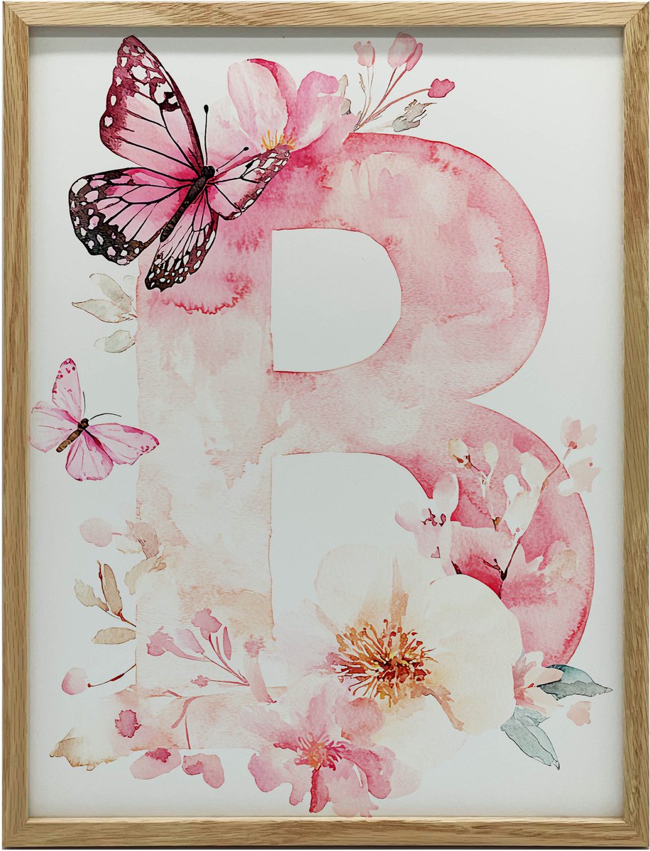 Poster Voor Muur In Gouden Aluminium Frame, Roze B Met Bloemen 40X50
