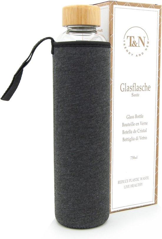 NOMA Glazen fles, 0,5 l, met neopreen hoes, drinkfles van glas in 500 ml, 600 ml en 1000 ml, met beschermhoes en roestvrijstalen deksel, waterfles voor sport, kantoor, school en outdoor, lichtgroen