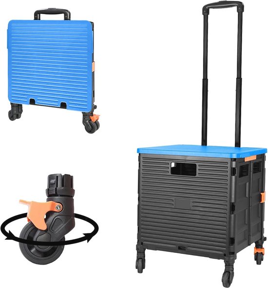 Opvouwbare boodschappentrolleybox op wielen met deksel Slijtvast, geruisloos 360 ° draaibaar wiel en verstelbare aluminium handgreep Opvouwbare kofferbak, 45KG/99LBS laadvermogen, draagbare trolley