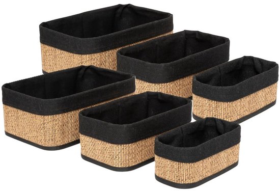 5Five Paniers de rangement pour placard/salle de bain - lot de 6 - bambou avec couvercle noir - en 3 tailles - paniers organisateurs