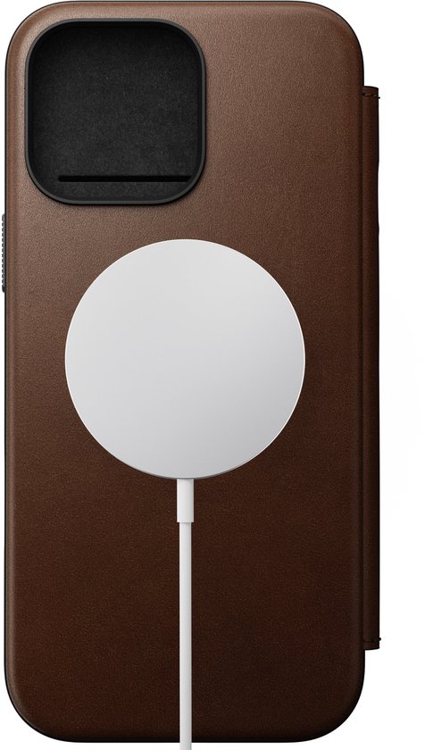 Coque Nomad adaptée à Apple iPhone 16 Pro Max | Folio en cuir moderne | Compatible avec MagSafe et le chargement sans fil | Book Case avec porte-cartes | Cuir véritable | Marron