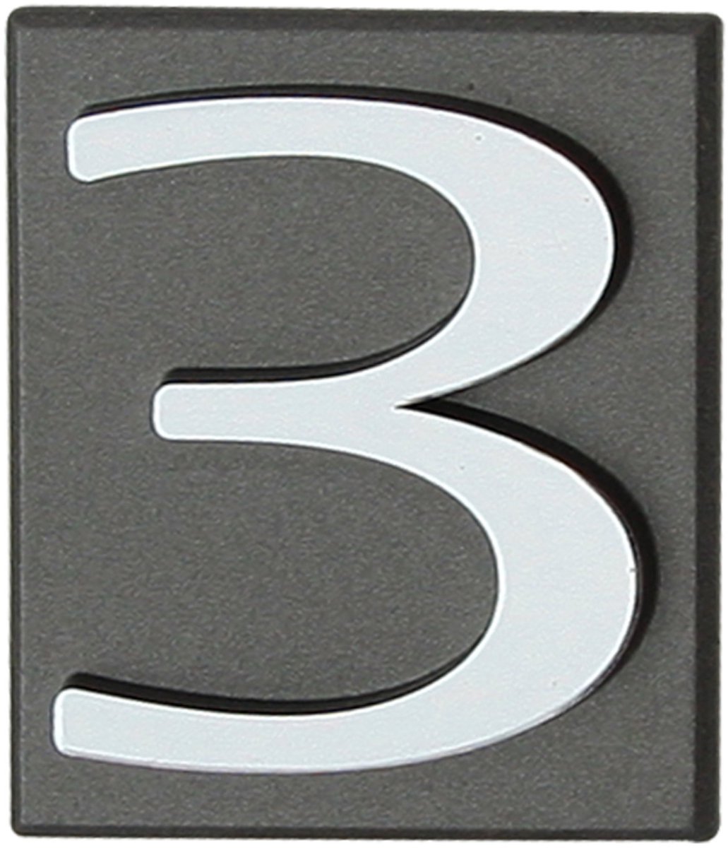 Domino® Deurnummer Zelfklevend INV - "3" - Grafiet - Woonhuisnummer Hotelkamernummer 40x47mm - Huisnummer Brievenbus Adresnummer Stickers - Huisnummerplaatje - Deur en Kamernummer - Lockernummer