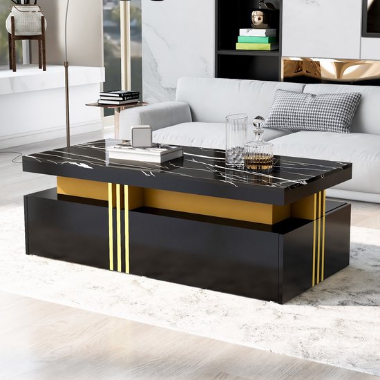 Sweiko Rechthoekige Salontafel - Hoogglans Tafelblad - 2 lades - 100x50x40cm - Zwart
