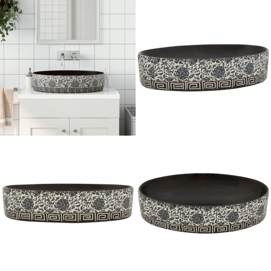 vidaXL Opzetwasbak ovaal 59x40x14 cm keramiek zwart en blauw