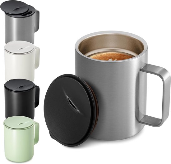 Koffiemok 400 ml, dubbelwandig, vacuüm thermobeker, koffiemok, campingmok, thermobeker, koffie- en theekop van roestvrij staal, thermobeker met handvat (zwart