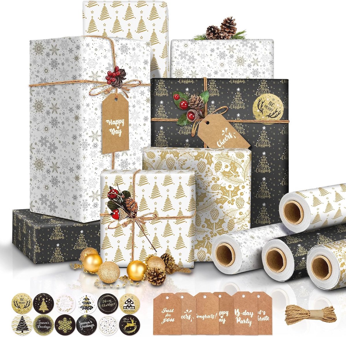 Kerst inpakpapier set 4 rollen met krafttouw, cadeaulabels en stickers voor feestelijke cadeauverpakkingen