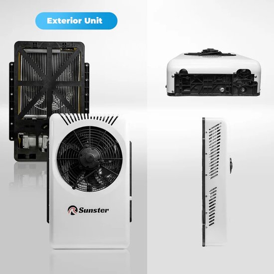Buitenunit van de Sunster airconditioner: witte behuizing met ventilator, achterkant met radiator en onderdelen.