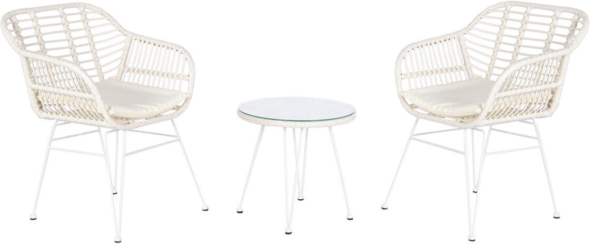 Tafel met twee stoelen DKD Home Decor Wit Metaal Kristal Synthetische rotan 56 x 57,5 x 82 cm