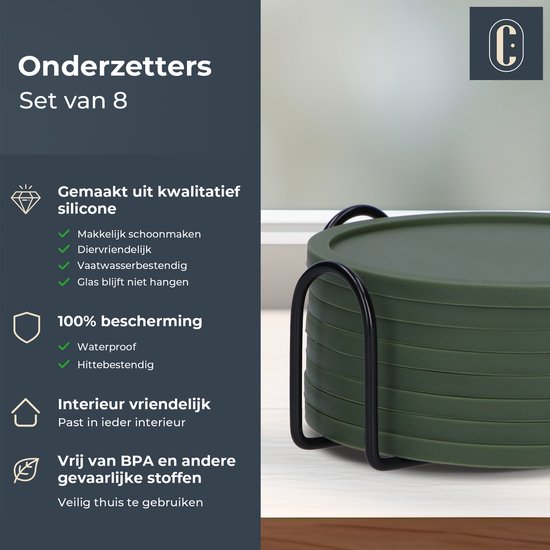 Sous-verres en Siliconen Castagnola – Sous-verres de Sous-verres Verres Design support – Set de 8 dessous de verre – Antidérapants – Vert