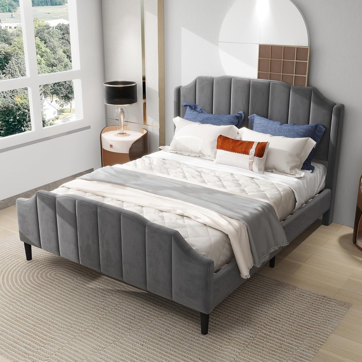 Gestoffeerd Tweepersoonsbed met Hoofdeinde in Grijs Fluweel – 140x200 cm Houten Lattenbode