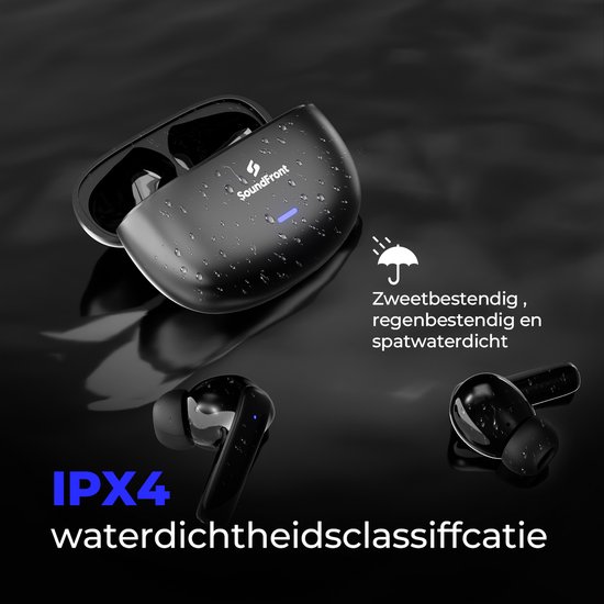 Zwarte draadloze oordopjes bedekt met waterdruppels, met IPX4 waterdichtheidsclassificatie en paraplu-icoon.