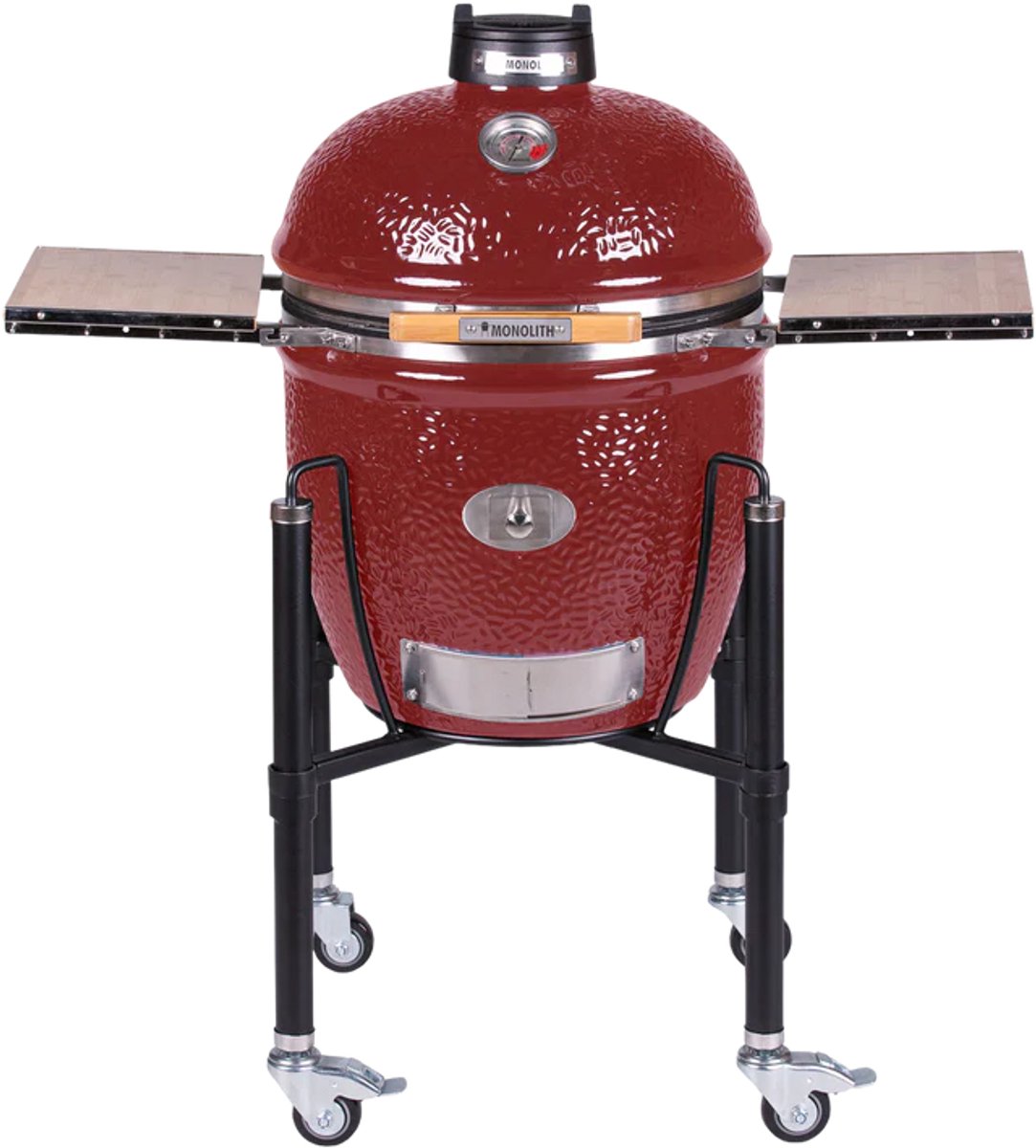 MONOLITH CLASSIC PRO-Serie 2.0 - RED incl. onderstel & zijtafels, PRO-Serie SMART GRID Rooster Systeem, PRO-Serie firebox, chip-feeder-system & pelletschuif, kolenmand met scheider, barbecueroosterheffer