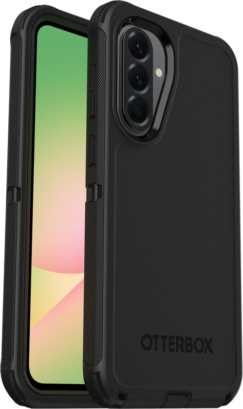 Zwarte OtterBox telefoonhoes naast een telefoon met een groen-gele abstracte achtergrond.