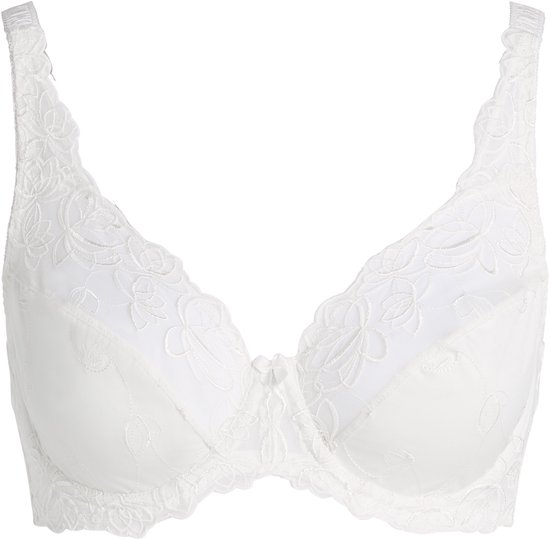 Soutien-gorge blanc avec armatures, détails en dentelle sur les bonnets et les bretelles. Motif floral.