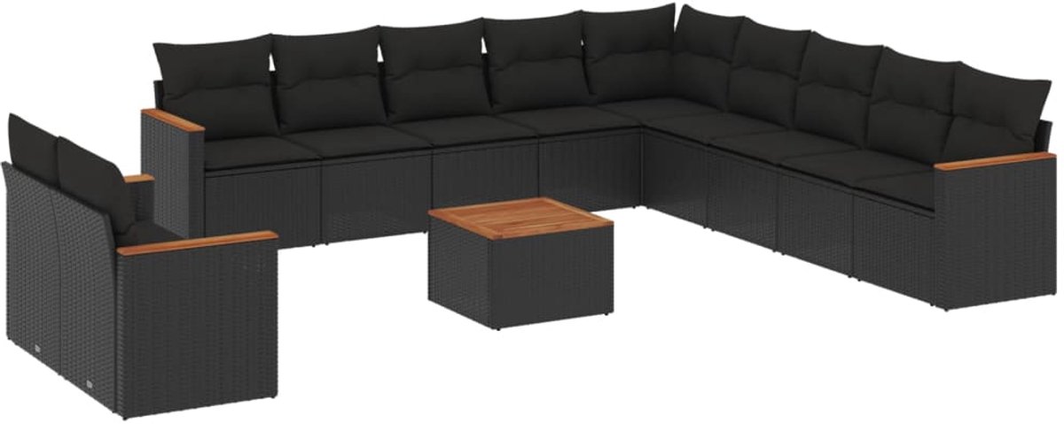 The Living Store 12-delige Loungeset met kussens poly rattan zwart - Loungeset - Lounge Set - Tuinlounge - Buitendining - Outdoor Furniture