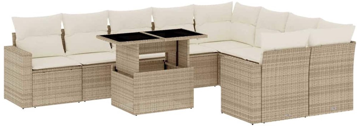 The Living Store 10-delige Loungeset met kussens poly rattan beige - Loungebank - Tuinstoel - Lounge Set - Buitendecoratie - Outdoor Living