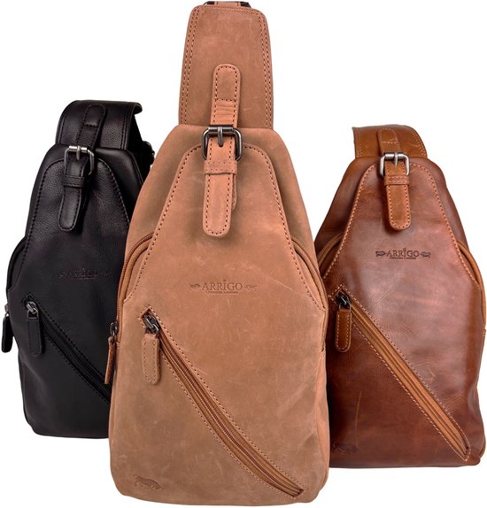Drie leren crossbody tassen in zwart, lichtbruin en bruin.