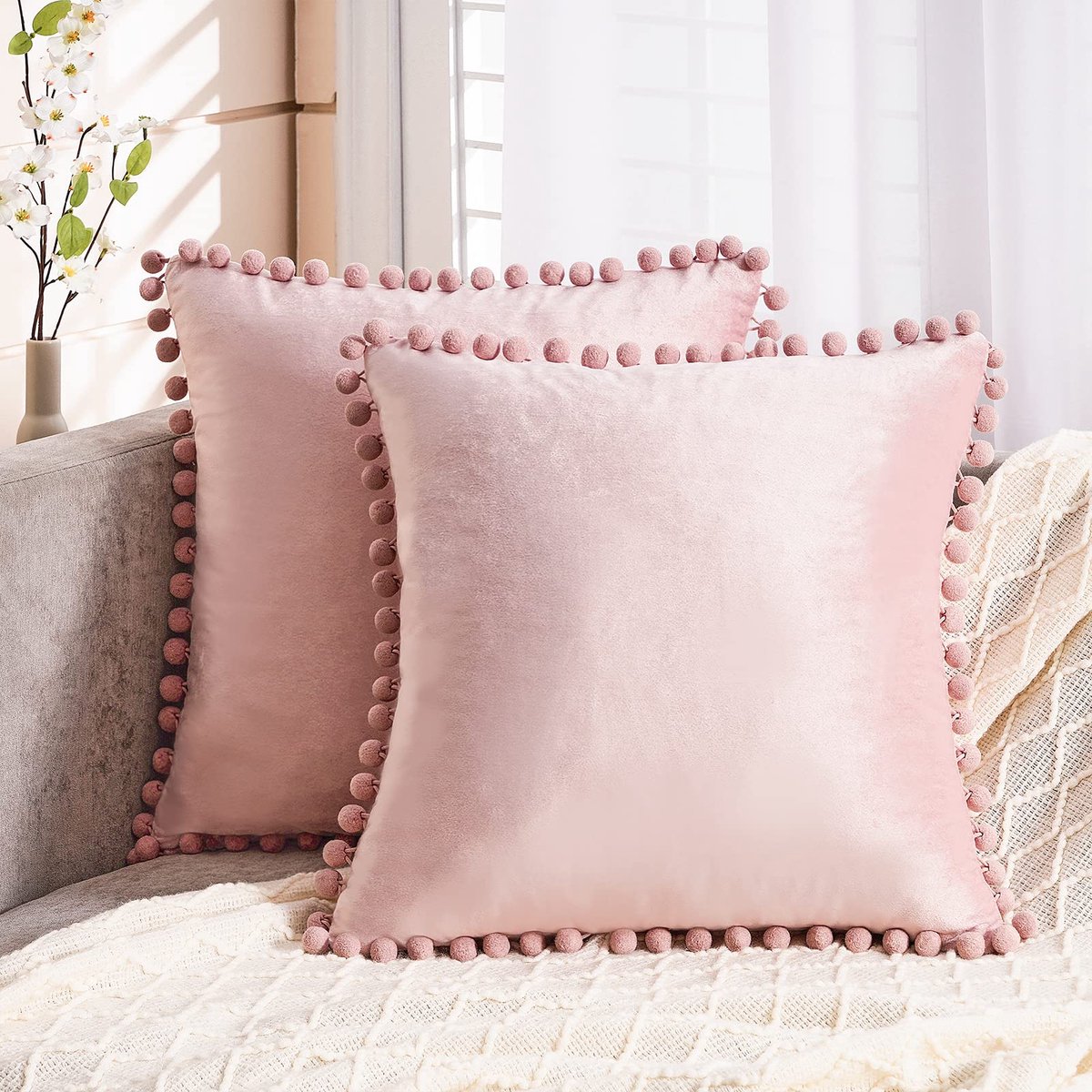 Unyqoos ® Luxueuze Fluwelen Kussenslopen Met Pompons Voor Huiselijke Sfeer en Comfort roze