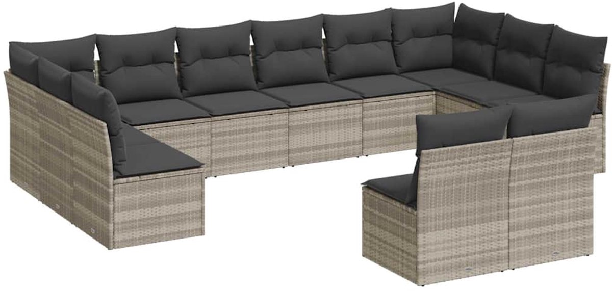 Loungeset met kussens poly rattan in lichtgrijs voor buiten.
