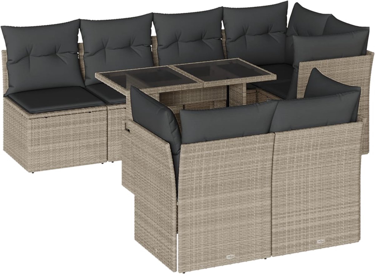 The Living Store 8-delige Loungeset met kussens poly rattan lichtgrijs - Loungebank - Lounge Set - Buitendecoratie - Tuinmeubels - Ratten Meubel