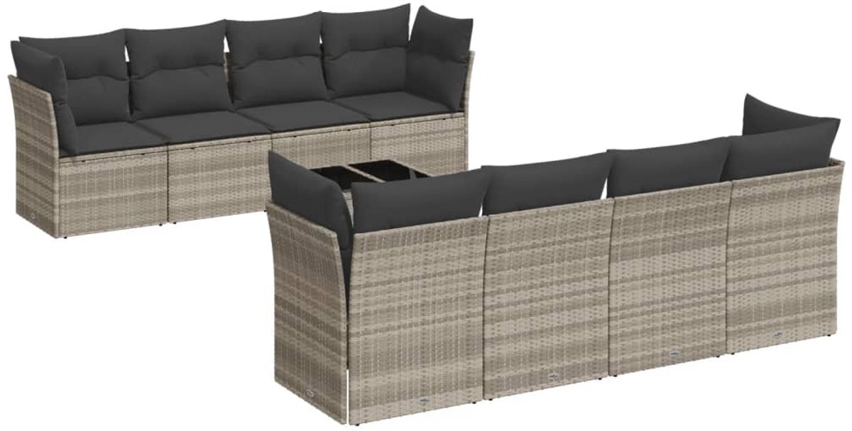 Poly rattan loungeset in lichtgrijs met kussens voor buiten - Tuinmeubels.