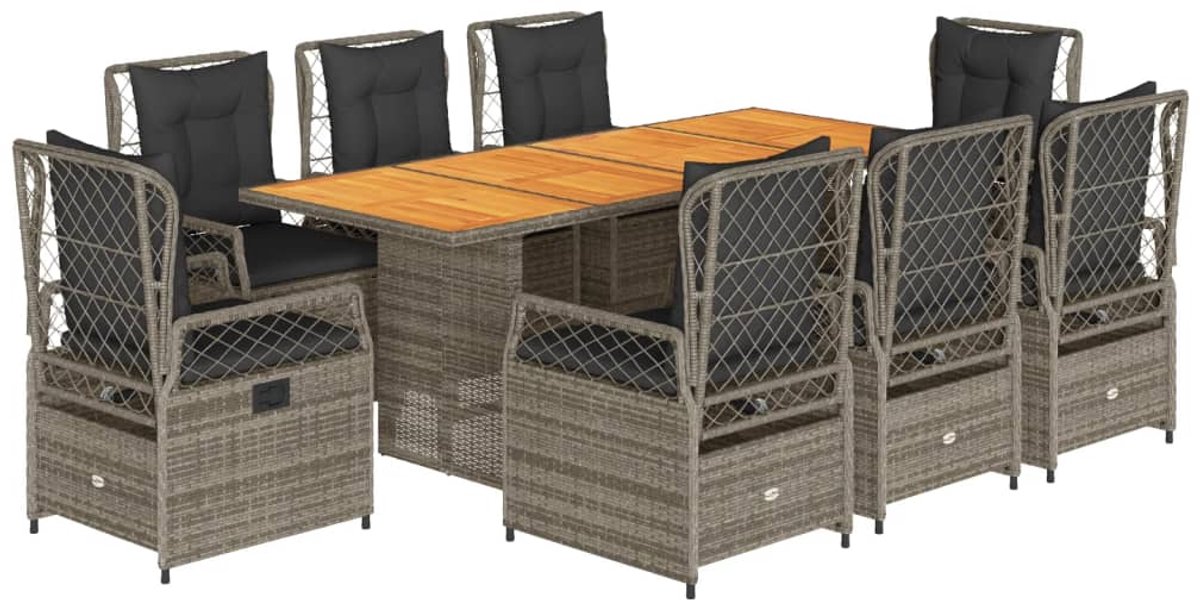 The Living Store 9-delige Tuinset met kussens poly rattan grijs - Tuinmeubles - Lounge Set - Buitentafels - Eetkamerset - Patio Furniture