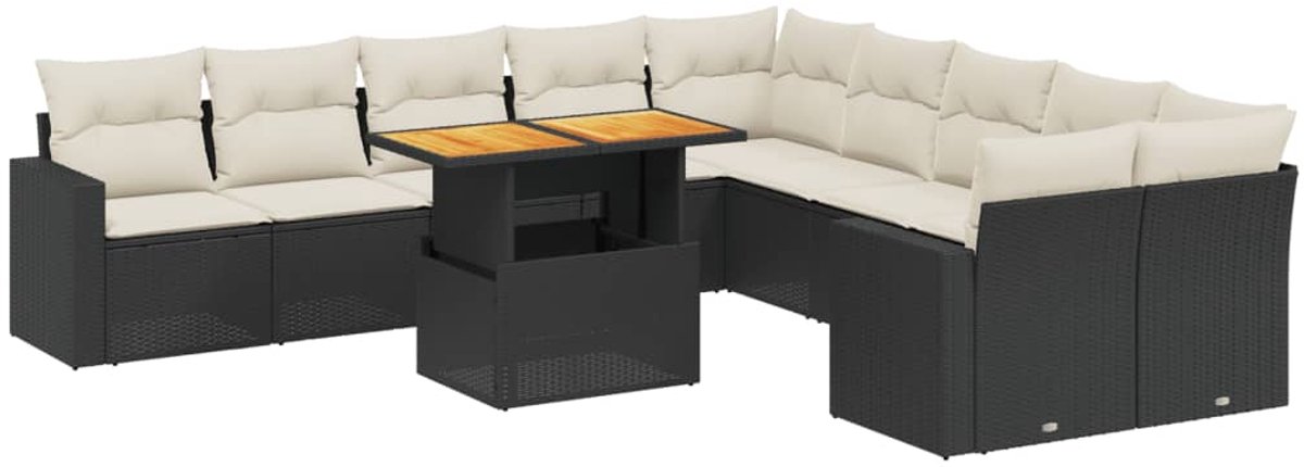 The Living Store 11-delige Loungeset met kussens poly rattan zwart - Loungeset - Tuinset - Buitendecoratie - Lounge Set - PE-rattan