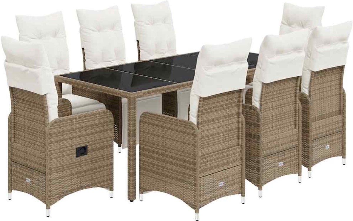 The Living Store 9-delige Bistroset met kussens poly rattan bruin - Tuinstoelen - Lounge Set - Buitendecoratie - Terrasmeubilair - Eetkamerset