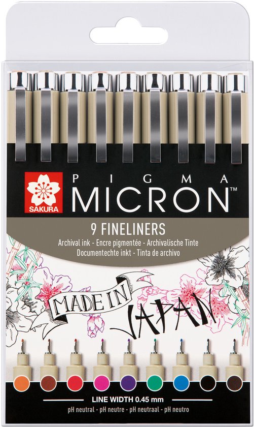 Verpakking van 9 Sakura Pigma Micron 05 fineliners. Met illustratie van bloeiende tak, "Made in Japan" en kleurstalen.