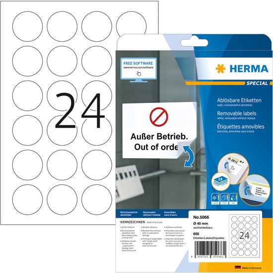 Verpakking met 24 ronde, witte, verwijderbare etiketten van Herma met de tekst 'Außer Betrieb. Out of order.'