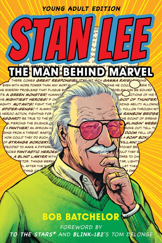 Couverture de 'Stan Lee: The Man Behind Marvel'. Portrait de Stan Lee portant des lunettes et un gilet vert, pensant. Texte rouge 'Stan Lee' en haut.