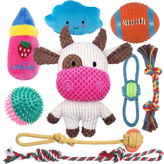 Hondenkauwspeelgoed voor puppy tandjes training en tandheelkundige reiniging - 9 stuks huisdierspeelgoed kit met gevulde pluche piepspeelgoed, interactieve sleeptouw en bal - verjaardagscadeau set voor kleine honden