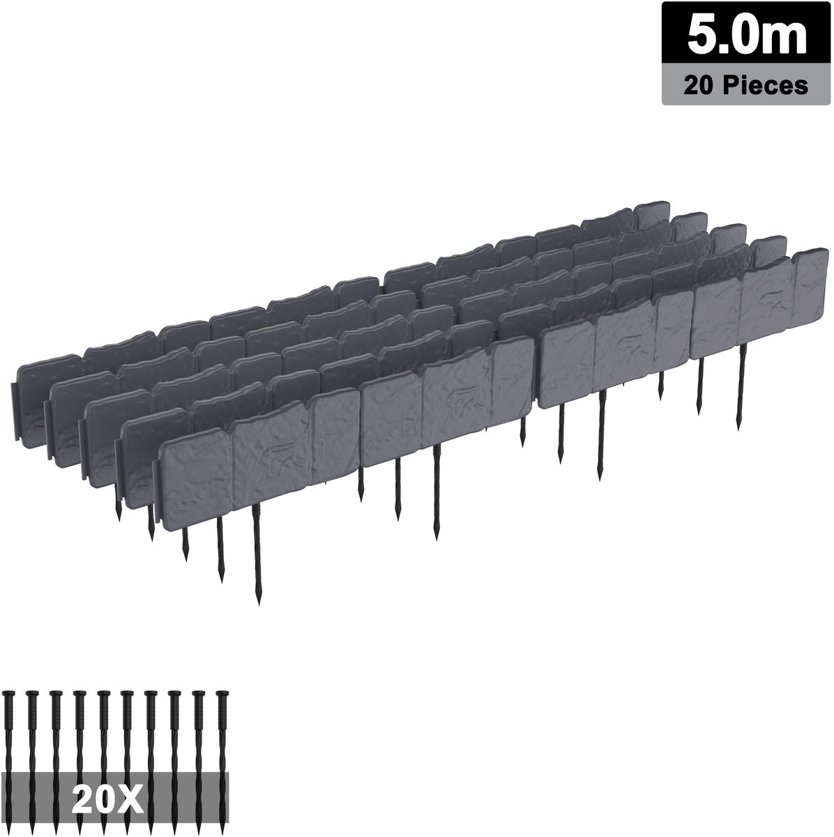 Grasrand, kunststof bloembedrand, gazonrand, gazonrand, maairand, palissade, tuinbed, eenvoudig inslaan, stabiel, flexibele gazonbegrenzing, tuin, decoratief, antraciet, 5 m