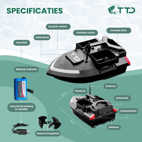 TTD GPS-voerboot voor karpervissen - 500 m bereik - 40 GPS-posities - 2 voerbakken - 2 kg capaciteit - Cruisecontrol — afbeelding 4
